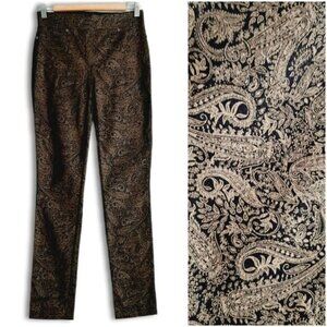 JOSEPH RIBKOFF Paisley Pattern Pull-On Stretch Pants Black & Copper Tan Sz 4